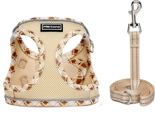 Soft Mesh Dog Harness and Leash Set, Step-In Reflective Breathable Lightweight Vest Harnesses with Safety Buckle for Small Dogs, Cats (Beige, XXS)