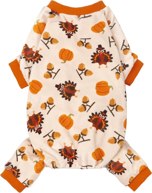 Thanksgiving Turkey Dog Pajamas, Funny Dog Winter Clothes for Small Dogs Girl Boy, Pet Jumpsuit, Cat Onesie with Feet, Lightweight Velvet, Orange, Large