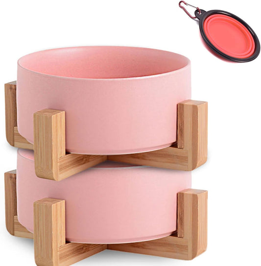 Pink Ceramic Dog Cat Bowl Set with Stand, Pet Food and Water Dish,Medium Dog Bowls anti Slip Set of 2 Cat Bowls Pet Food Bowl- Pet Dishes Small Medium Size Pet (28 OZ /3.6 Cups)