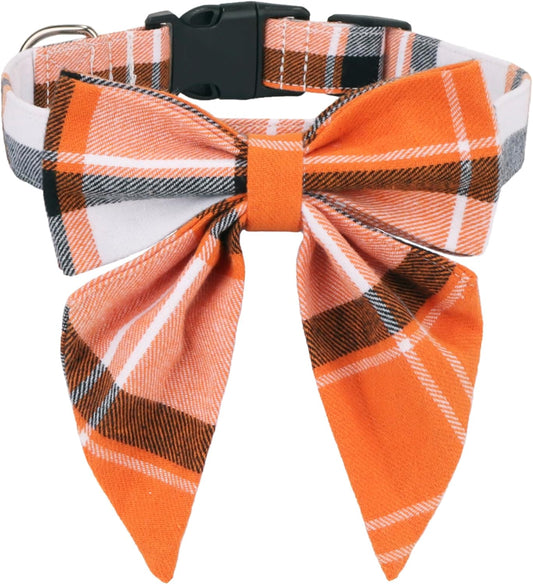 Fall Dog Collar with Bow, Plaid Thanksgiving Dog Bow Tie, Small